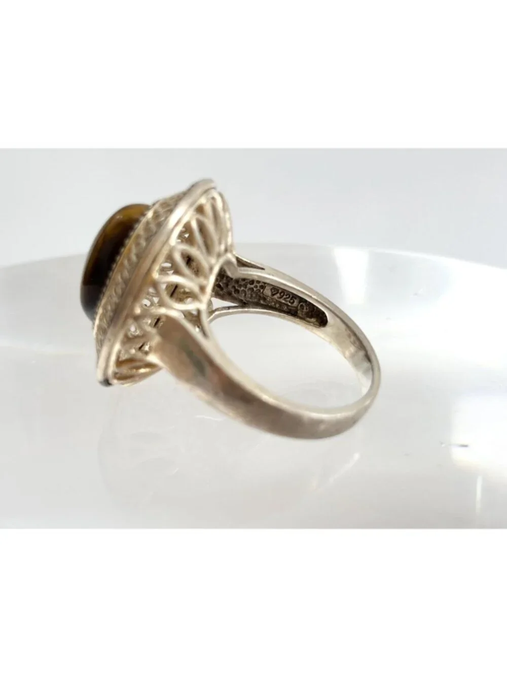 Genuine Tiger's Eye Gemstone Filigree Sterling Silver 925 Vintage Ring - sz 8